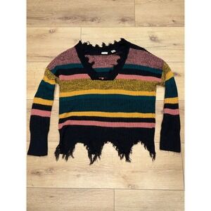 Daytrip Striped Distressed Knit Sweater Womens‎ XS Multicolor Grunge Fringe Hem